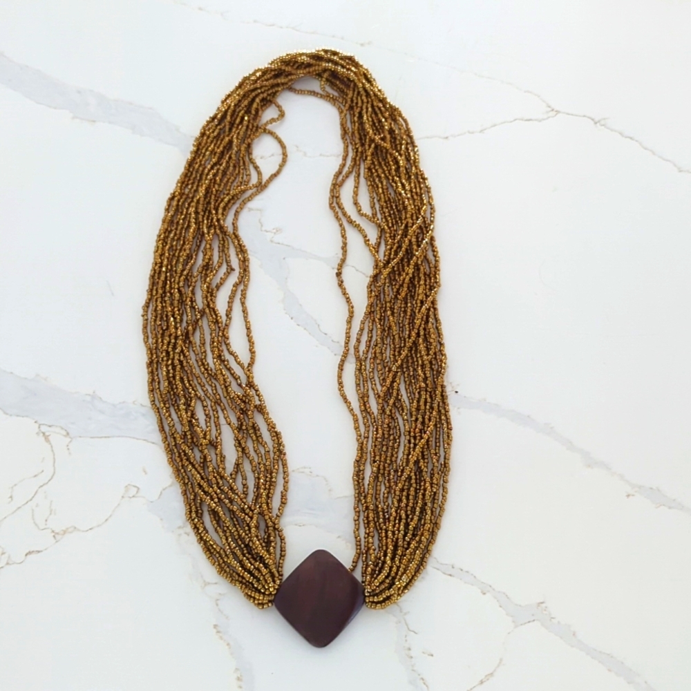 Gold Beaded Necklace with Brown Pendant - Picture 3 of 4
